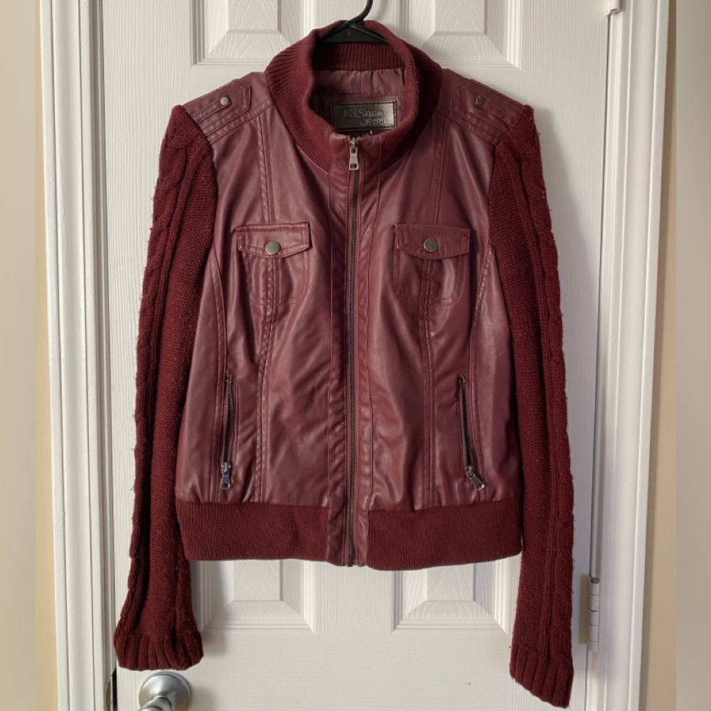 Ci Sono by Cavalini Maroon Faux Leather Jacket with Knit Sleeves